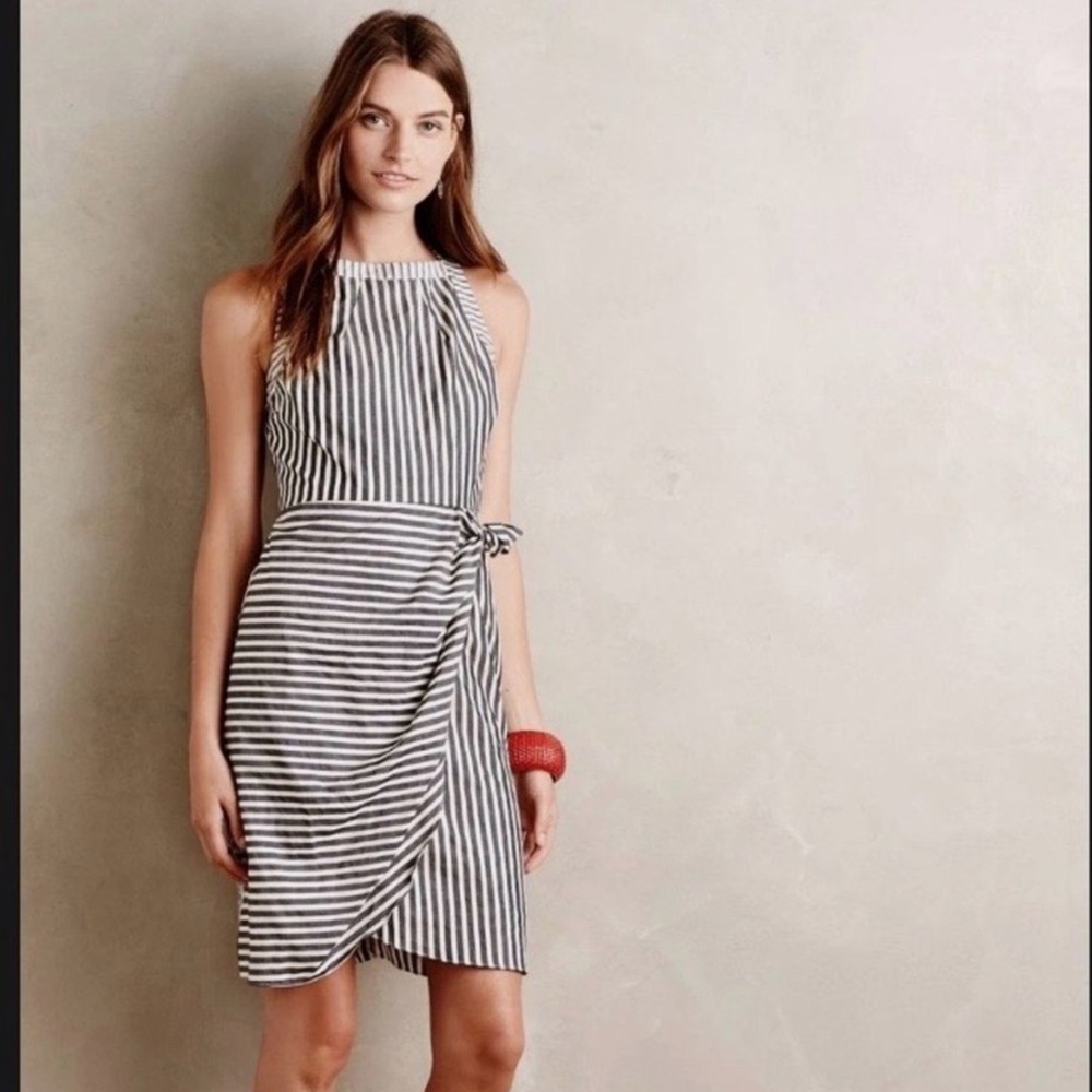 Anthropologie Maeve Oakdale Dress Striped Faux Wrap Dress 100% Cotton